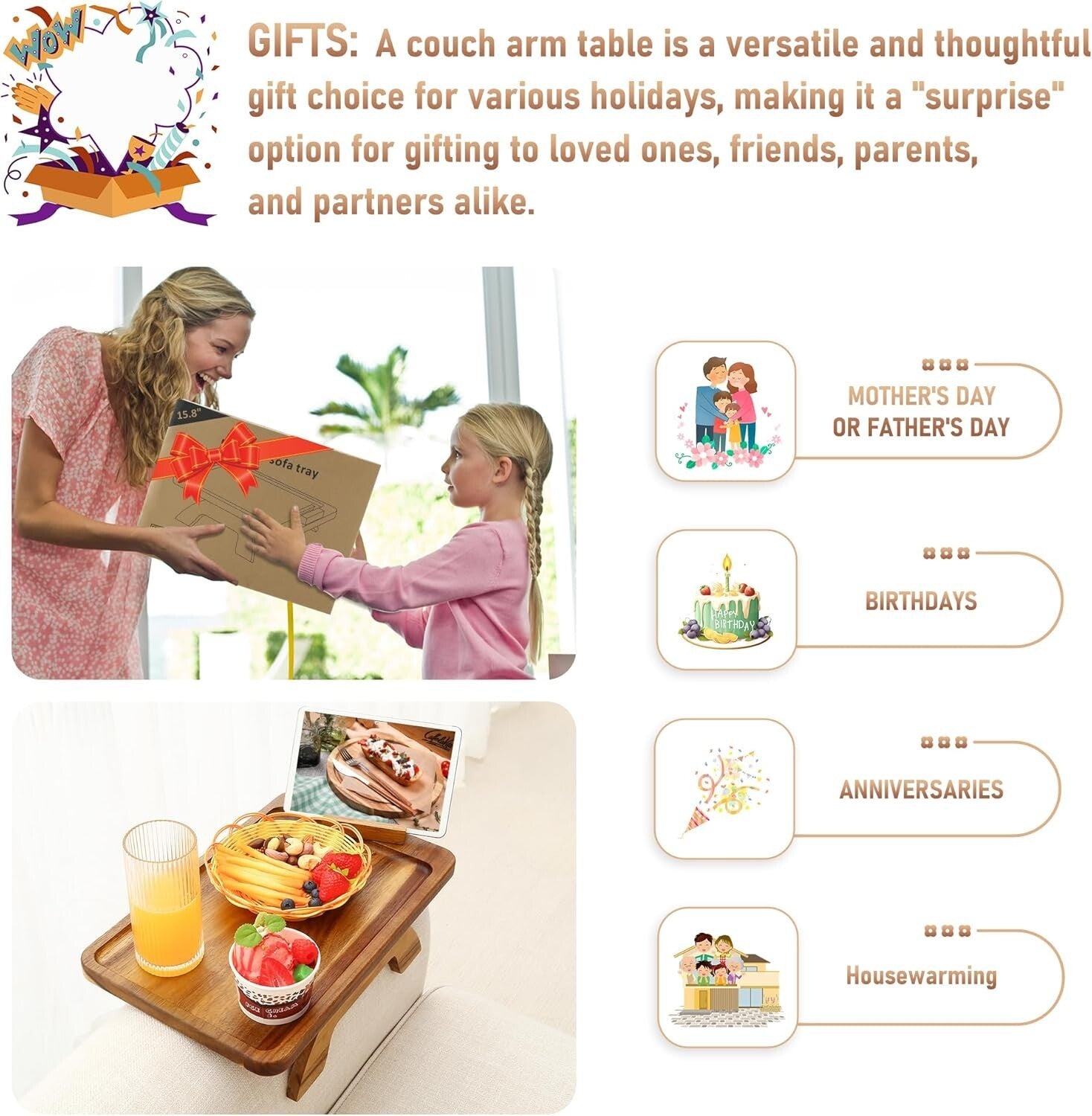 Adjustable Armrest Table with 360° Phone Holder - Modern Acacia Wood Design