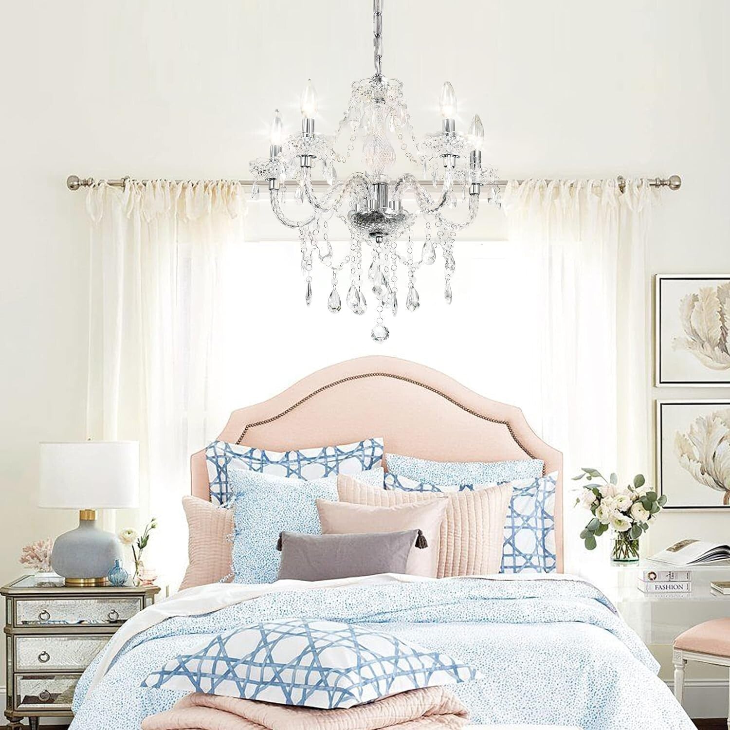 Elegant Acrylic Crystal Chandelier - Plug-In 5 Light Pendant with Clear Cord