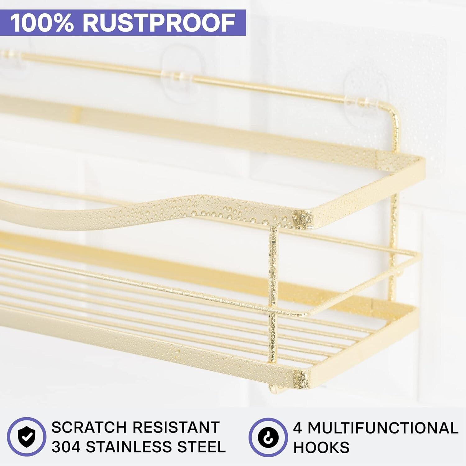 Elegant Gold Stainless Steel Shower Caddy - Self Adhesive Wall Mount Organizer