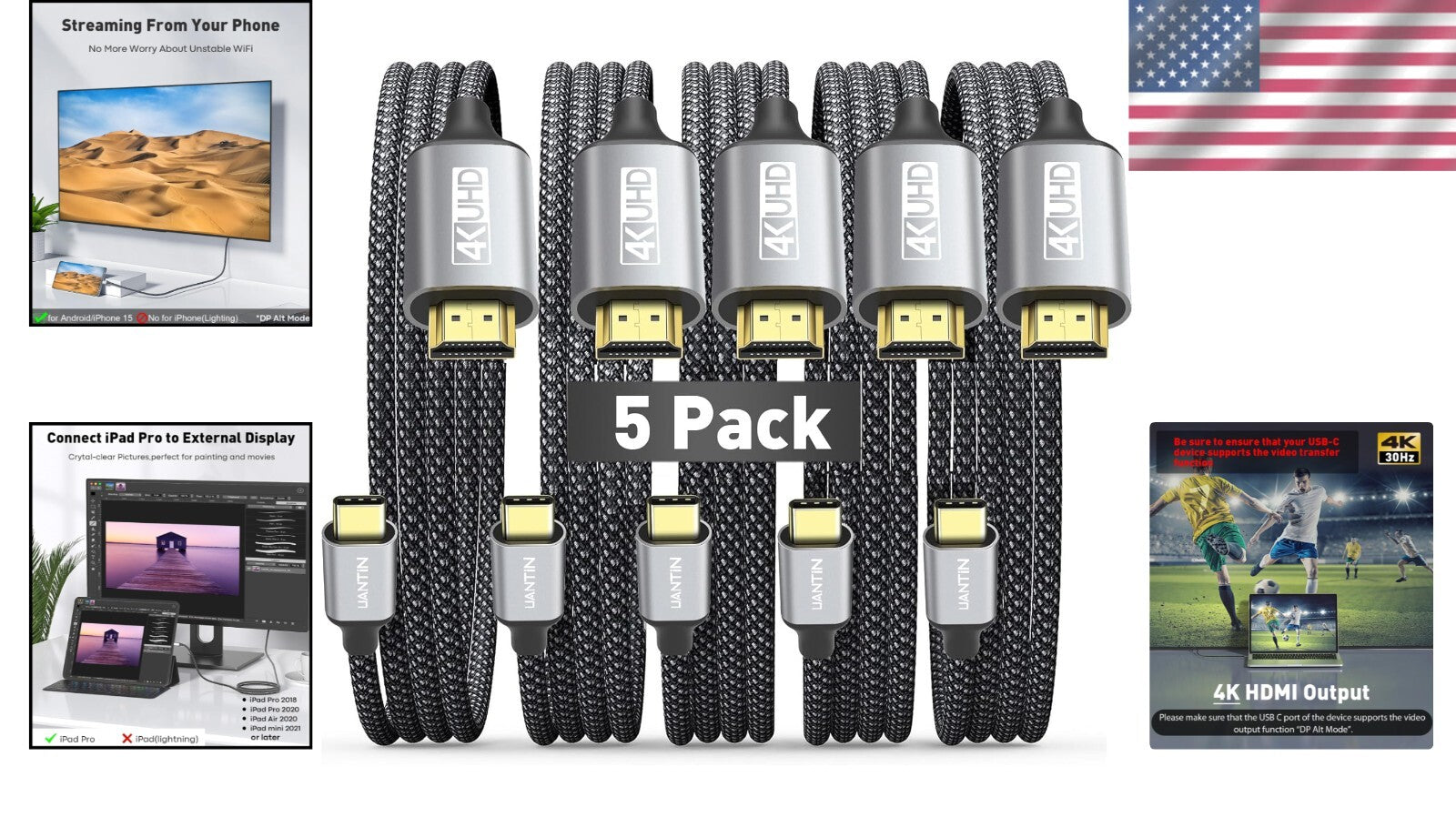 Premium 5 Pack USB-C to HDMI 4K Cable - Compatible with Mac, iPhone, Galaxy