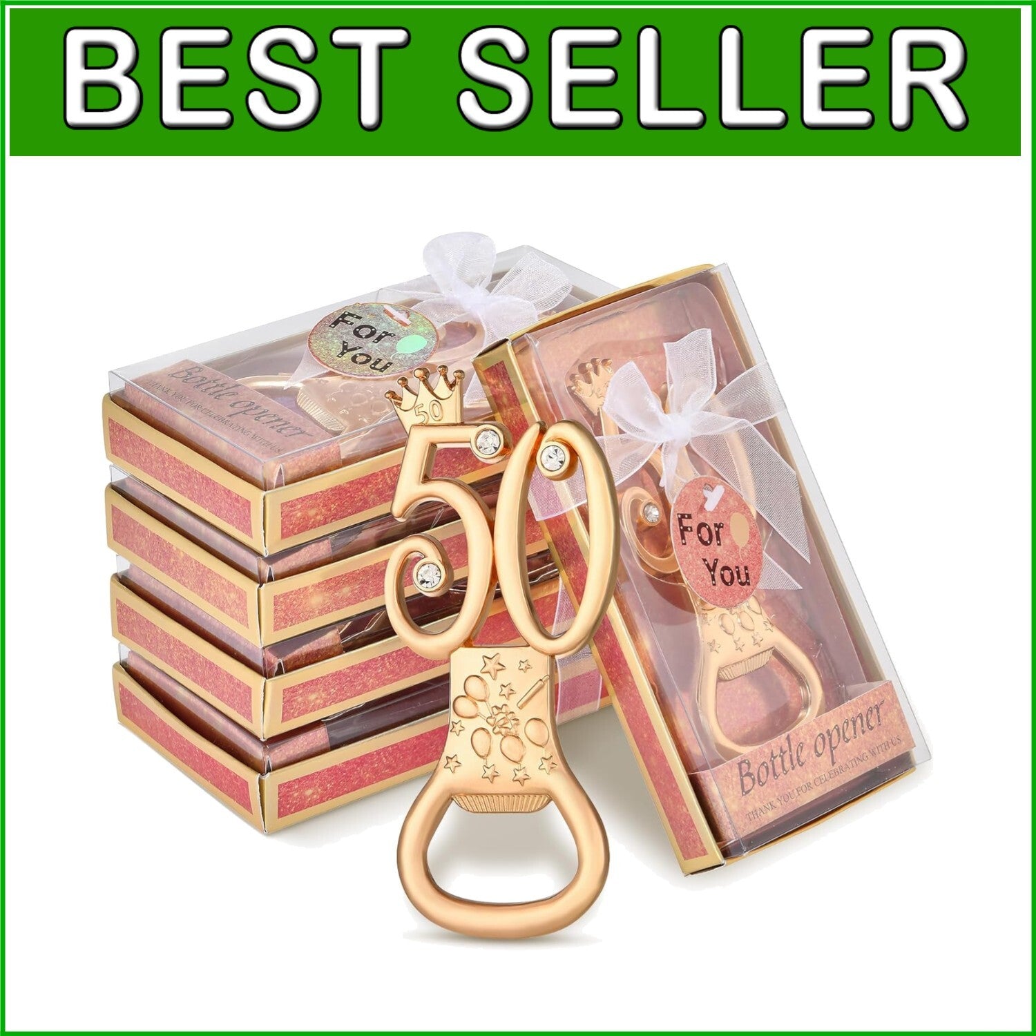 Elegant 50th Anniversary Bottle Openers - Rose Gold with Rhinestones, 50 Pcs Set