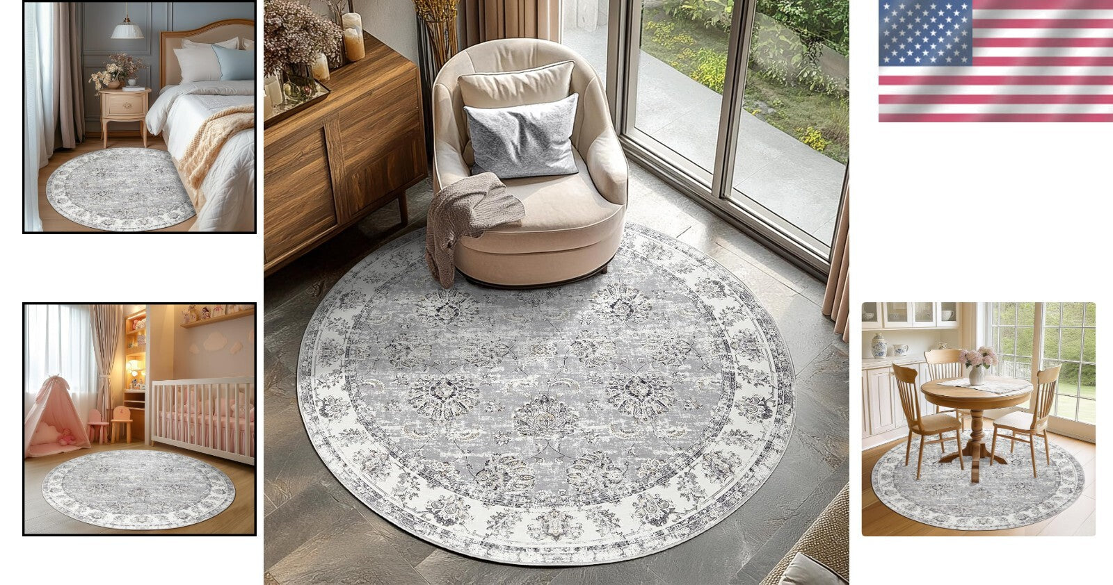 6ft Round Floral Distressed Area Rug - Machine Washable & Non-Slip Grey Elegance