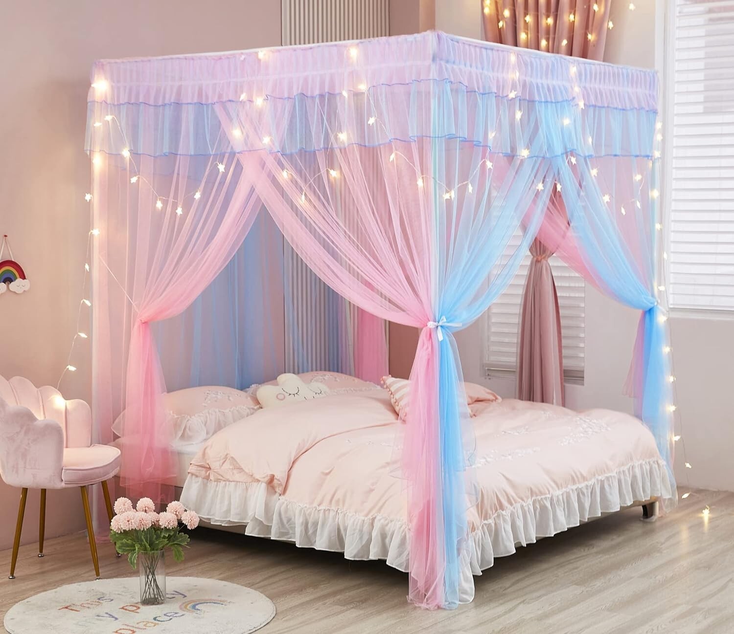 Deluxe Rainbow Princess Bed Canopy with Built-In Lights - Cozy Queen Size Decor