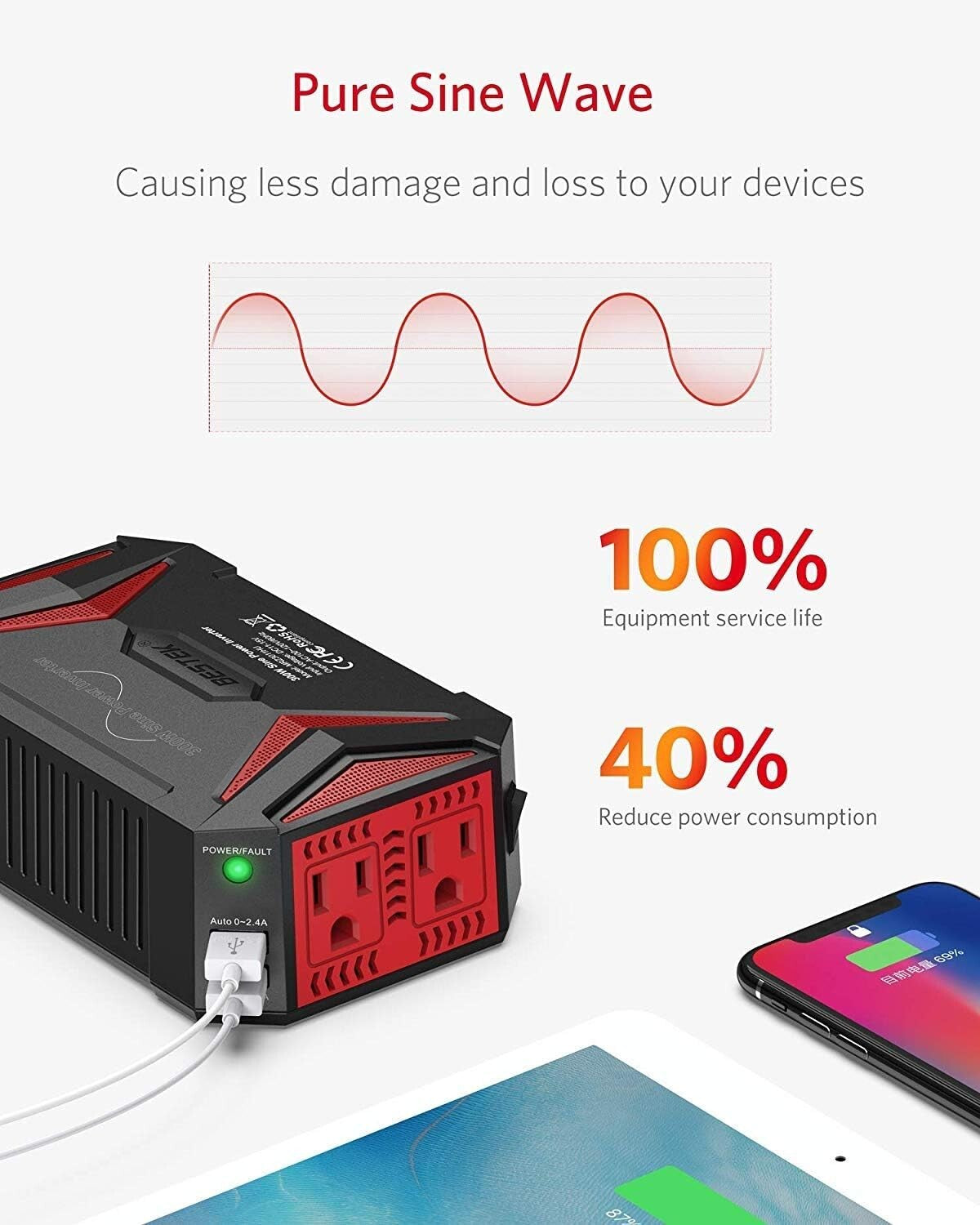 300W Vehicle Power Inverter with 2 AC Outlets and 4.8A USB Charging Power