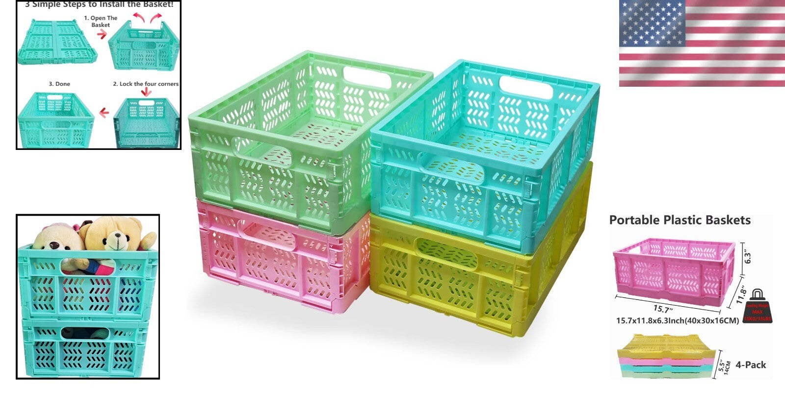 Durable 20L Collapsible Storage Baskets - Ideal for Home & Office Organization