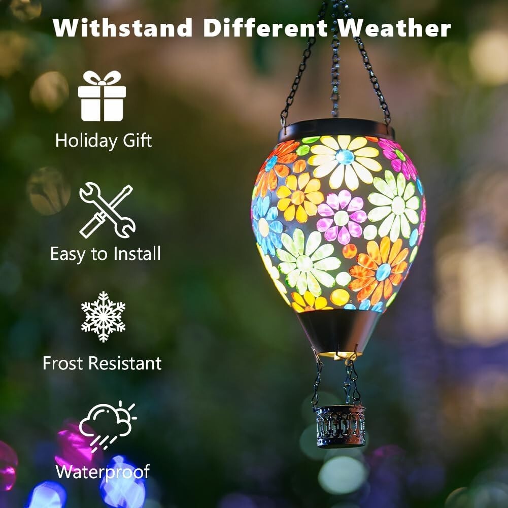 Waterproof Glass Mosaic Hot Air Balloon Lantern - Solar Powered Elegance