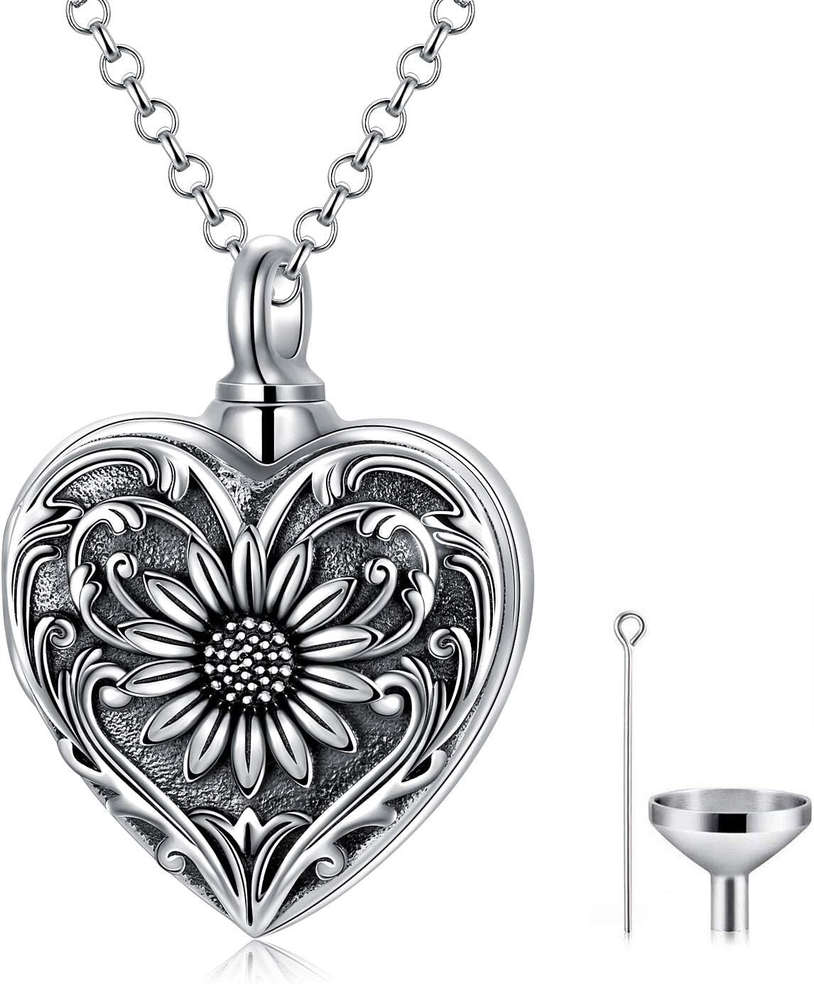 Sterling Silver Sunflower Cremation Necklace for Ashes - Forever In My Heart