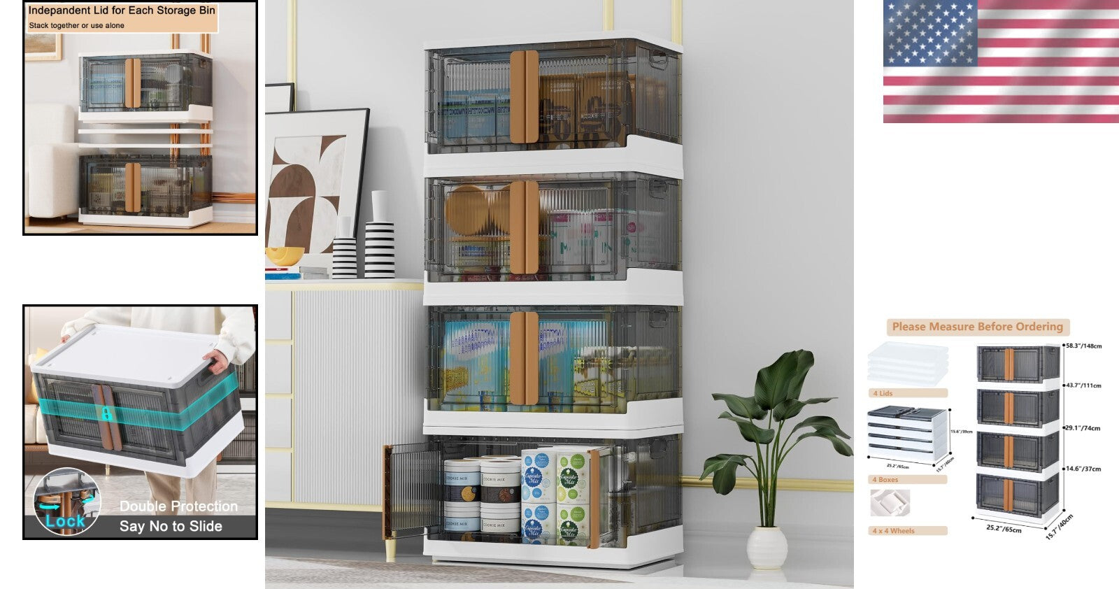 400Qt (4x100Qt) Stackable Plastic Storage Bins with Wheels for Easy Access