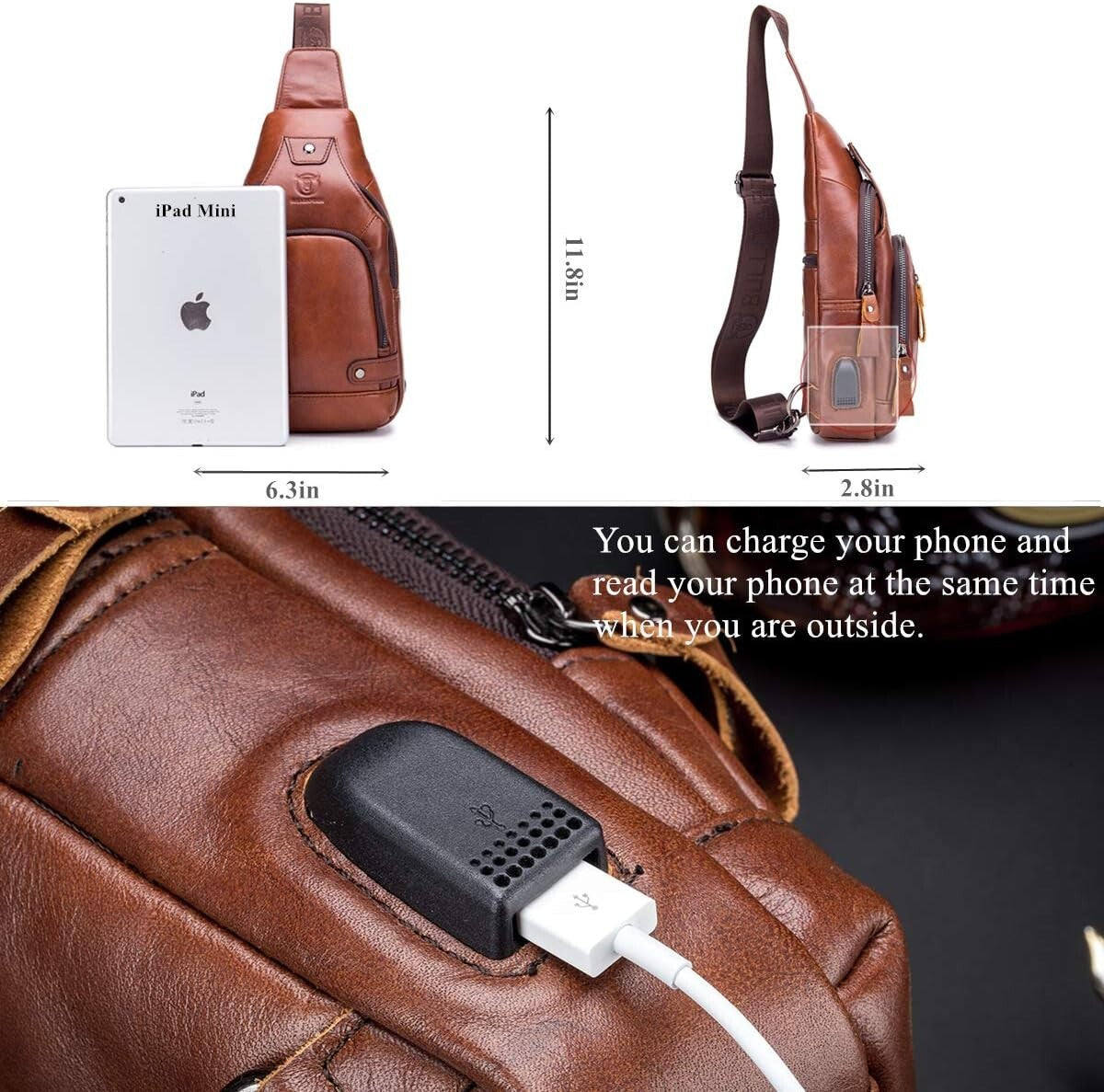 Compact Chest Bag for Men - Genuine Leather with USB Charging & Multi-Pockets