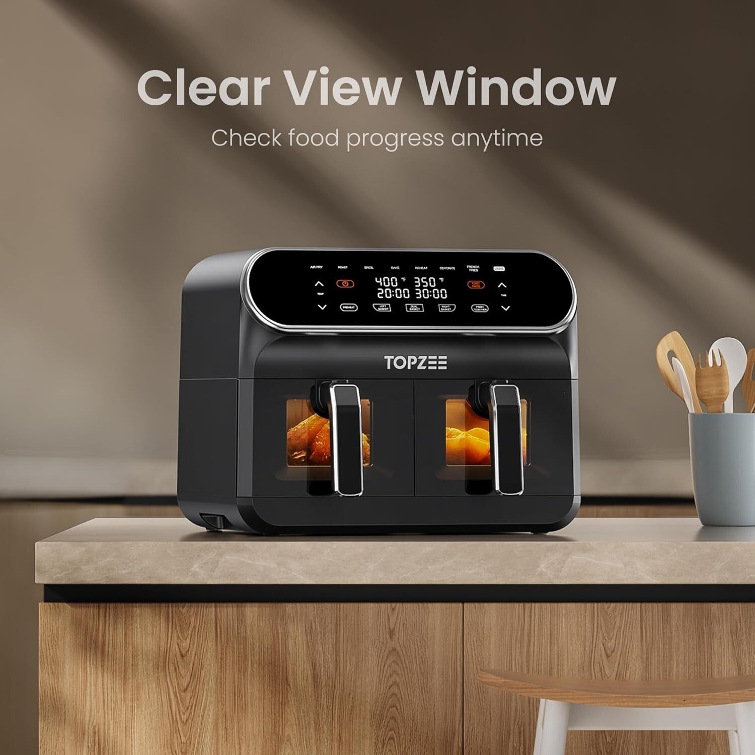 Large 8 Quart Programmable Air Fryer with Cooking Functions and Viewing Windows