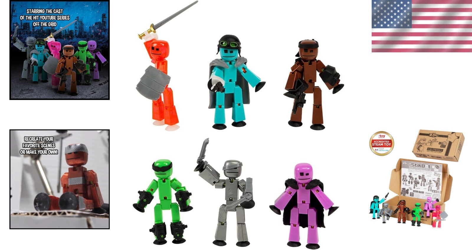 Collectable Off The Grid 6 Pack - Poseable Figures with Stop Motion Accessories