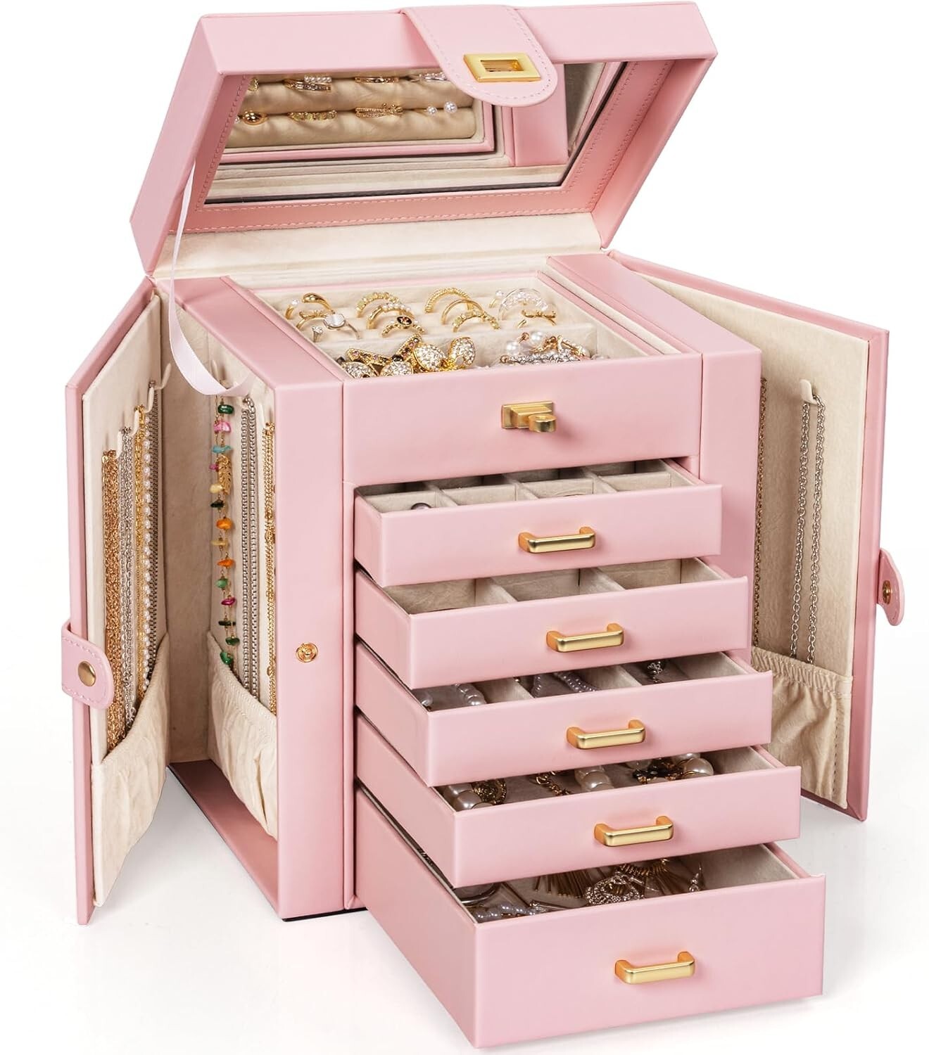 5-Drawer Jewelry Box with Large Mirror – Chic and Functional Organizer for Women