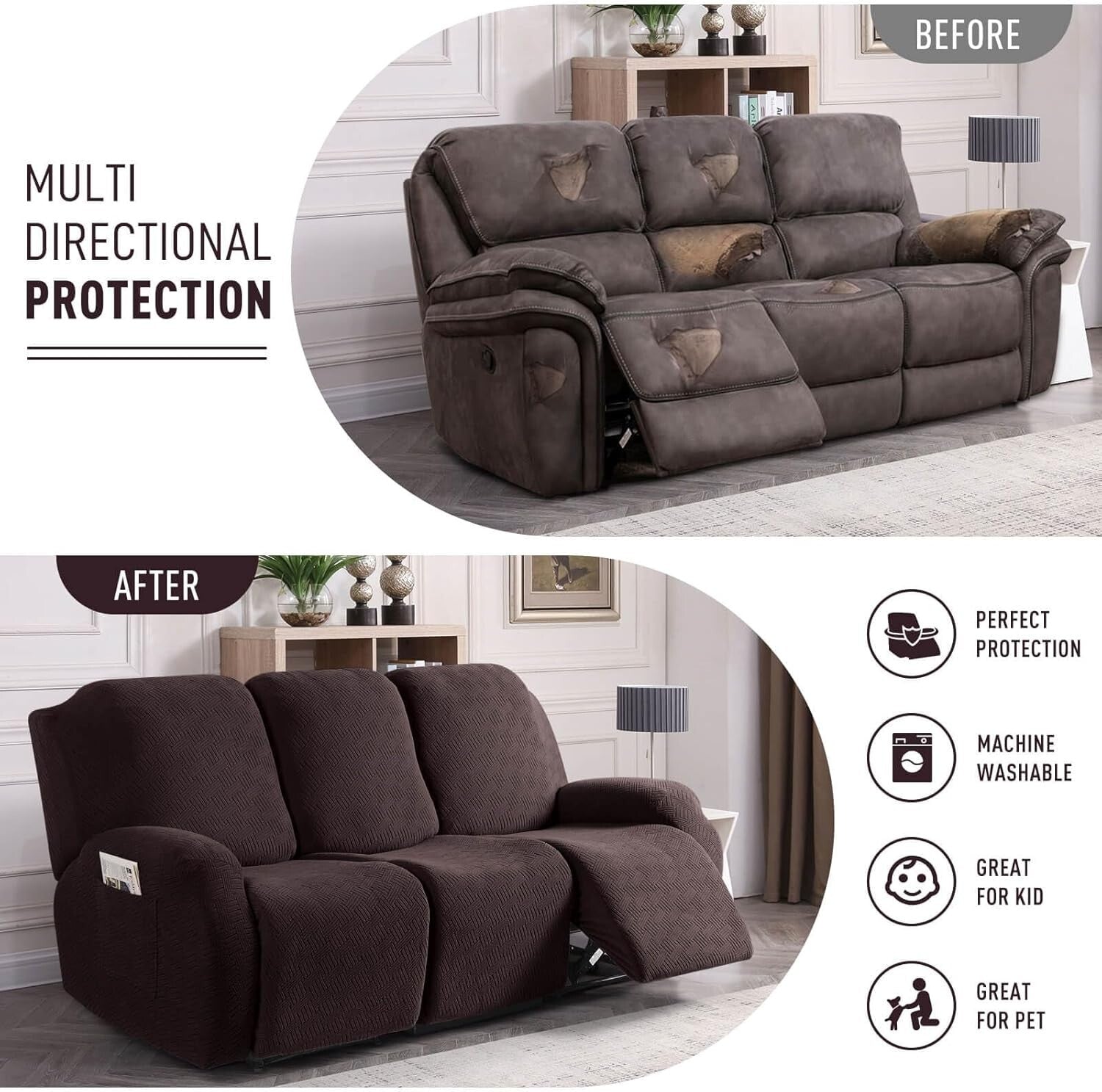 Elegant Stretch Recliner Sofa Covers with Jacquard Pattern - Dark Coffee