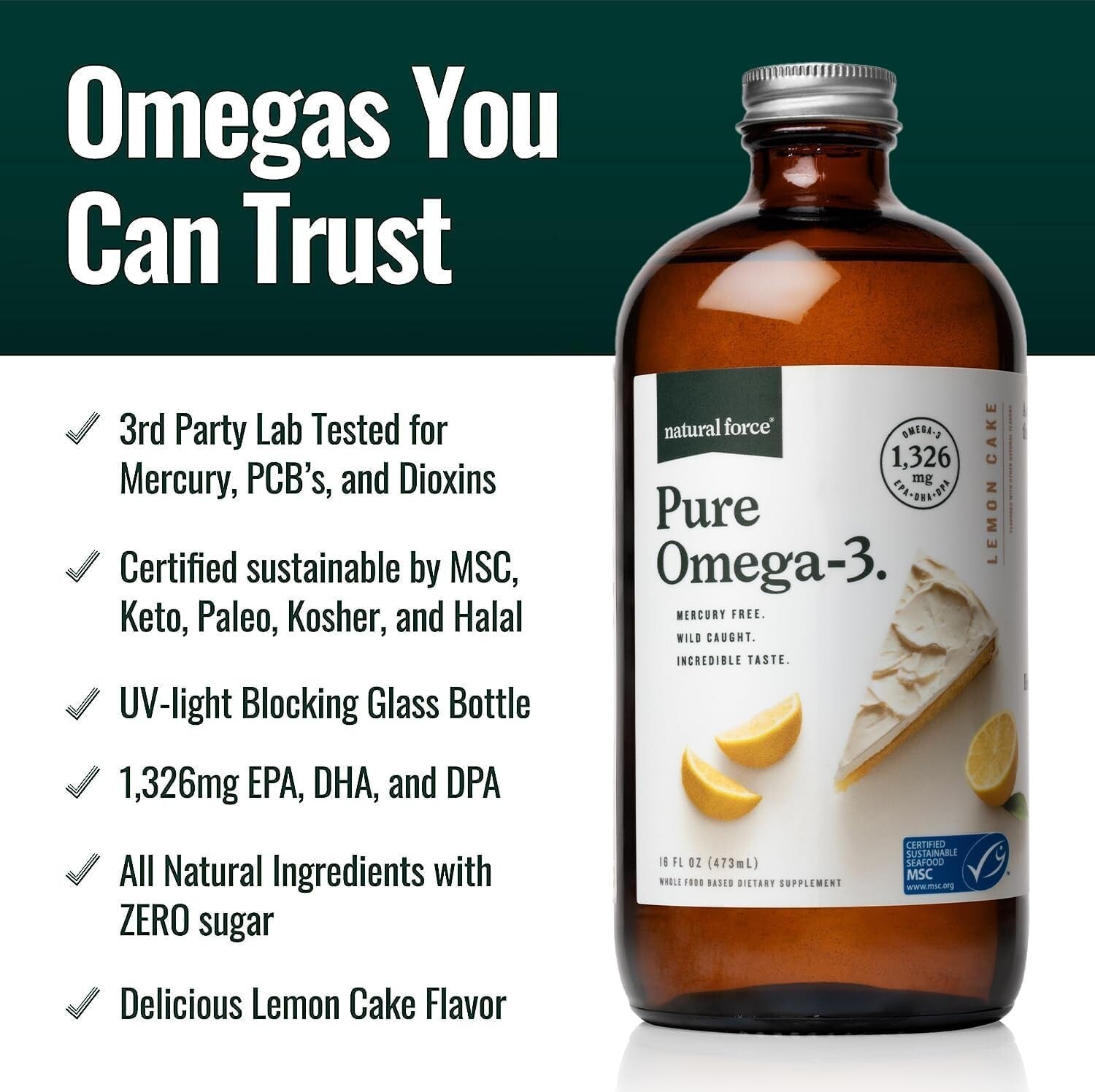 Sustainable Pure Omega 3 Fish Oil - Lab Tested, 1,326 mg EPA/DHA - 16 Oz Glass