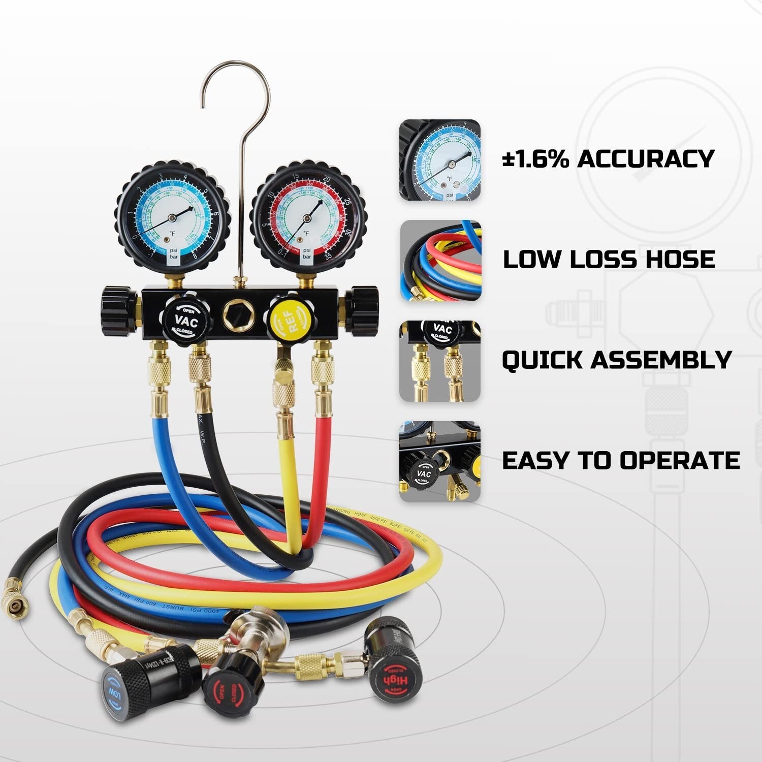 4-Valve Automotive AC Gauge Set for R1234YF & R134A Refrigerants - Heavy Duty