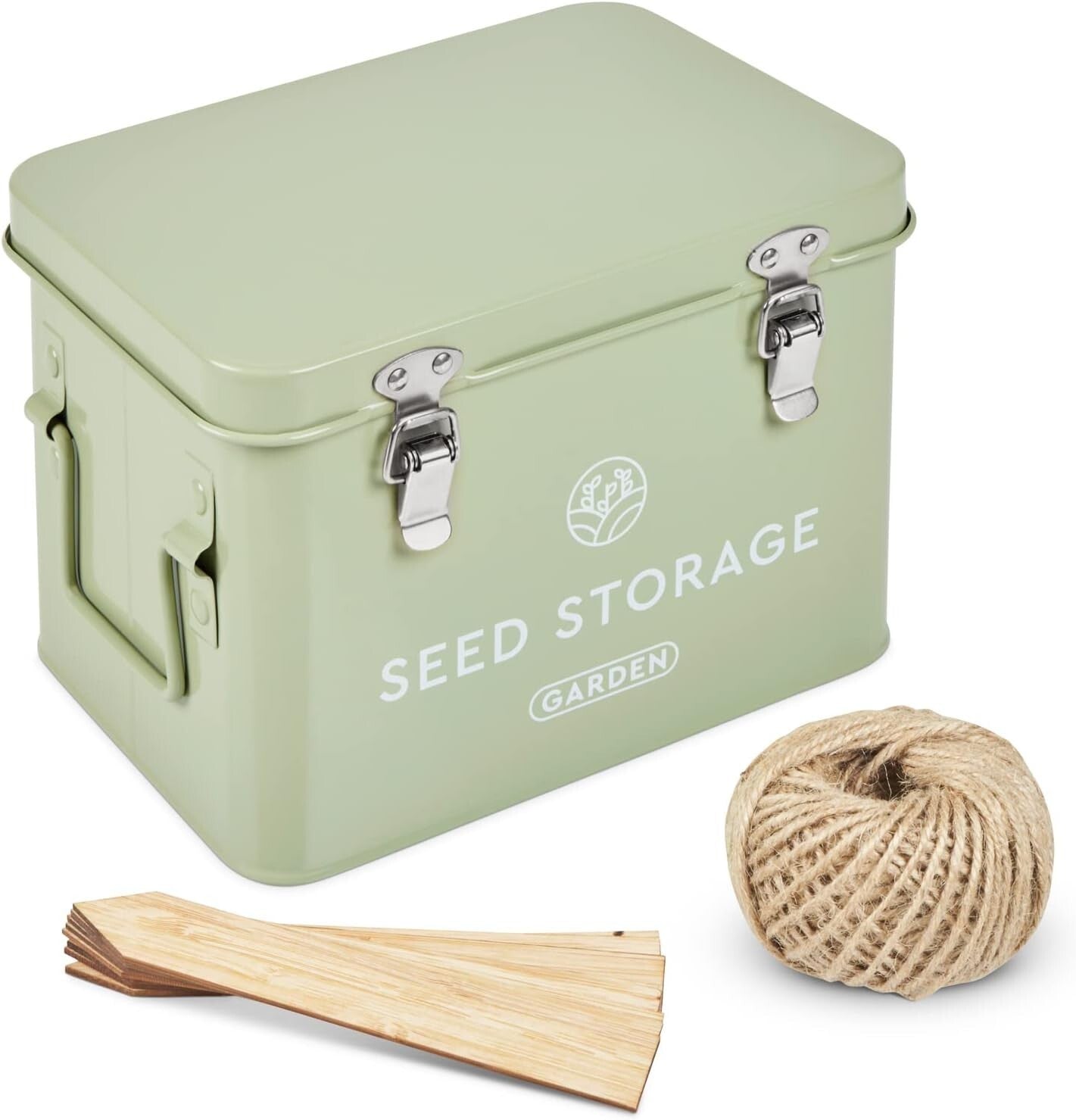 Elegant Metal Seed Storage Box with 3 Compartments & Bamboo Labels - Green