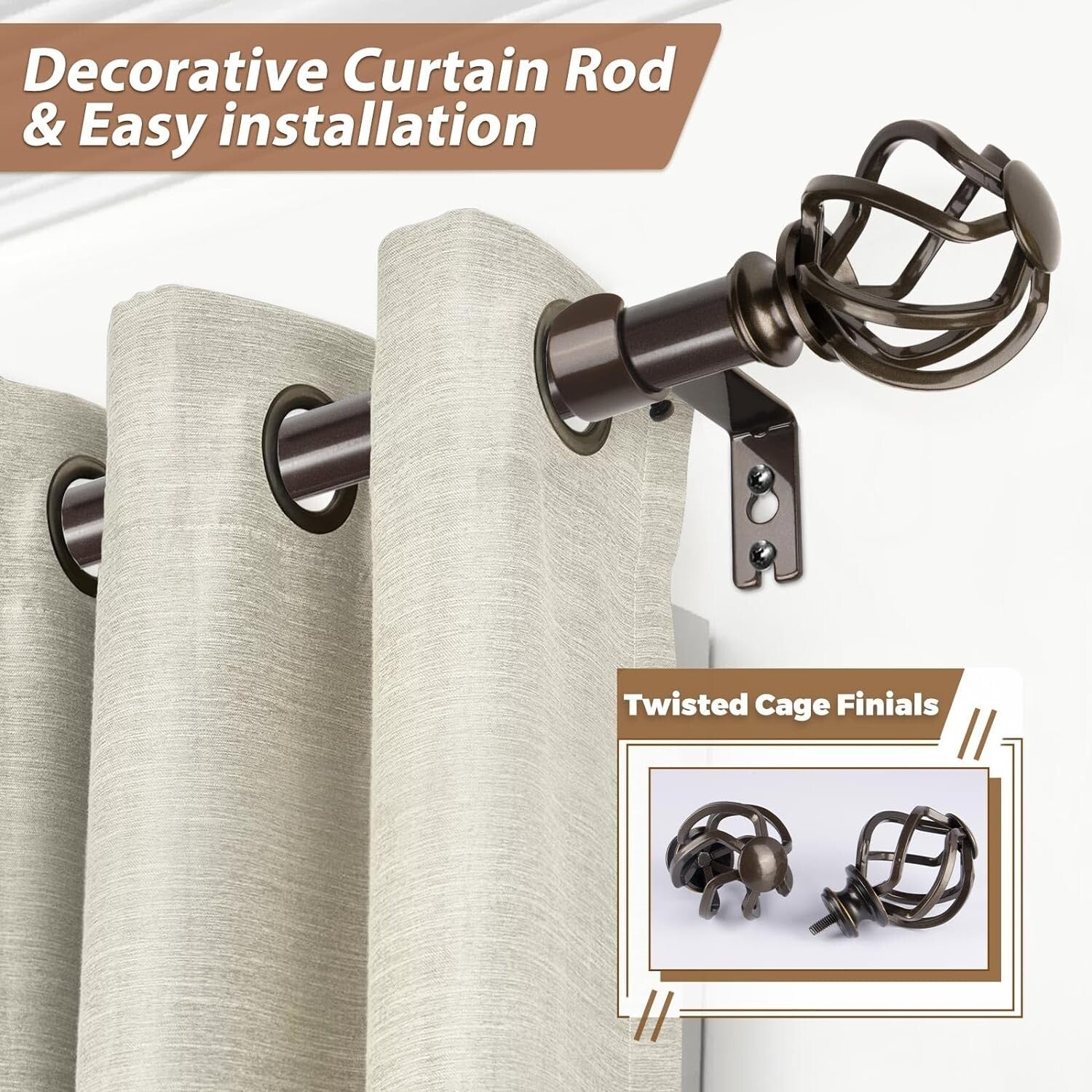 Artistic Bronze Curtain Rods with Twisted Finials - Adjustable 72 to 144 Inches