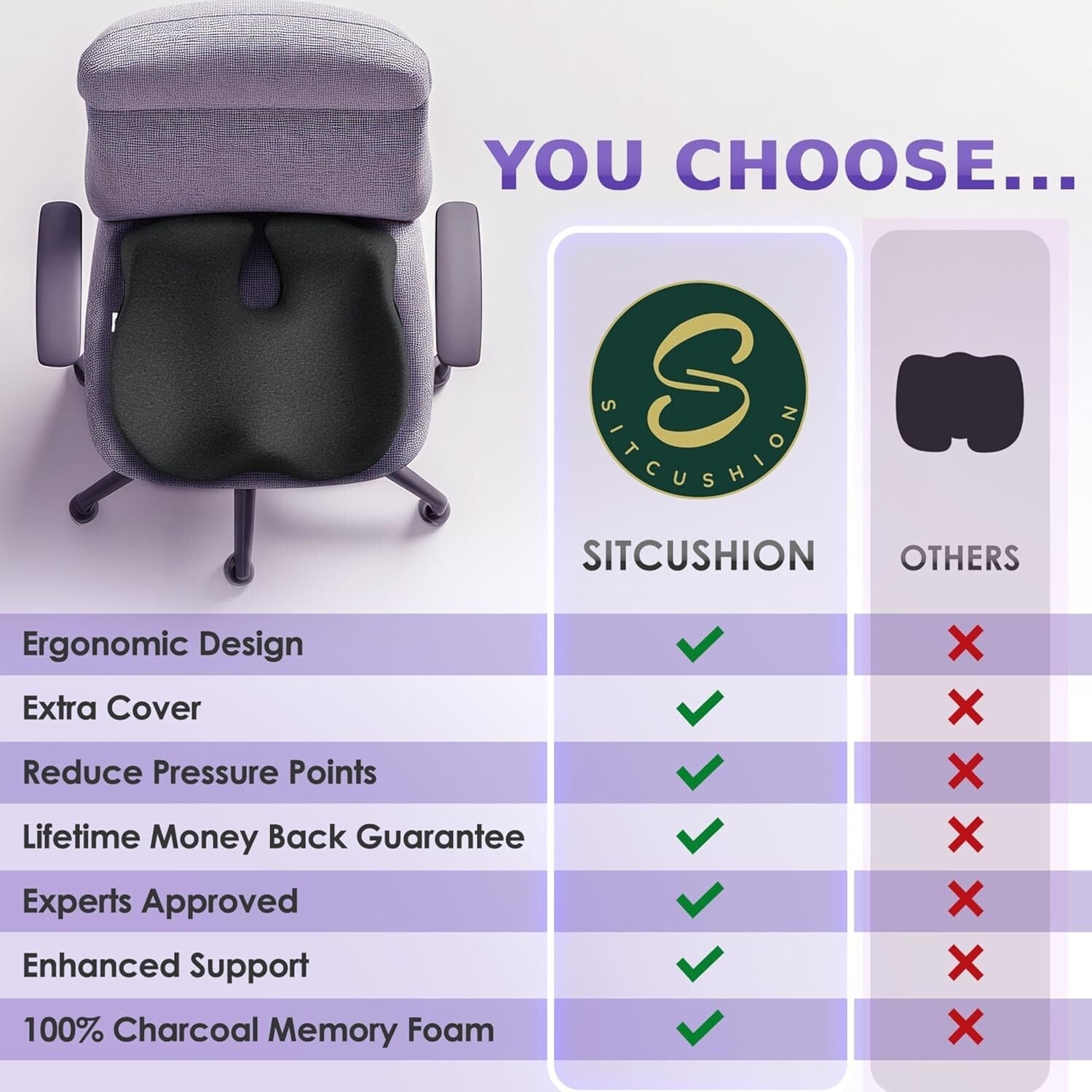 Ergonomic X-Large Memory Foam Seat Cushion for Tailbone Pain Relief & Support