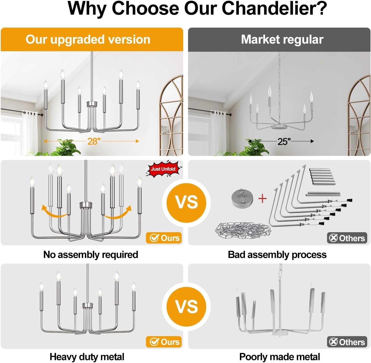 Adjustable Height 6-Light Brushed Nickel Chandelier - Modern Farmhouse Style