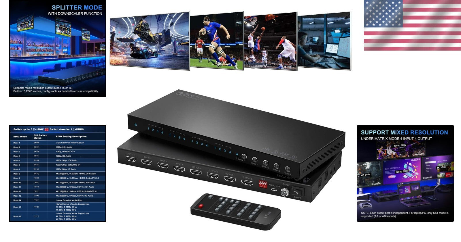4x4 HDMI Matrix Switcher 4K 60Hz with Audio Extractor & Remote Control