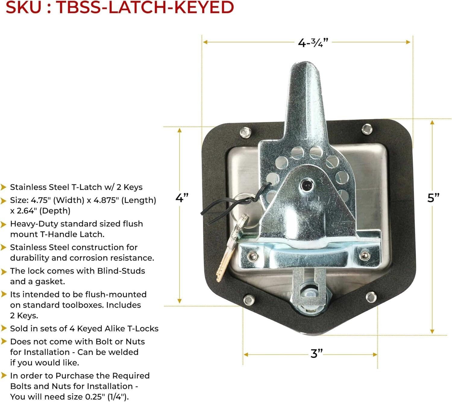 Corrosion-Resistant Stainless Steel T-Latch Set - Keyed Alike Security Lock