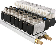Load image into Gallery viewer, Brass &amp; Steel 5 Port Solenoid Valve Manifold – Compact 2 Position Quick Fittings