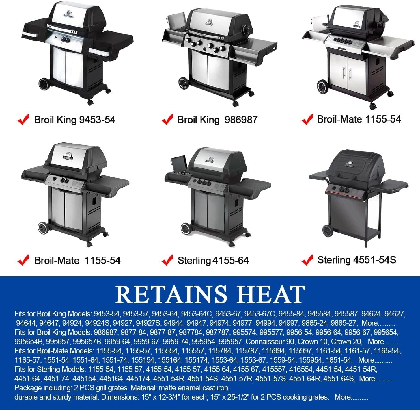 Broil King-Compatible 15" Cast Iron Grill Grates – 2 PCS for Superior Cooking