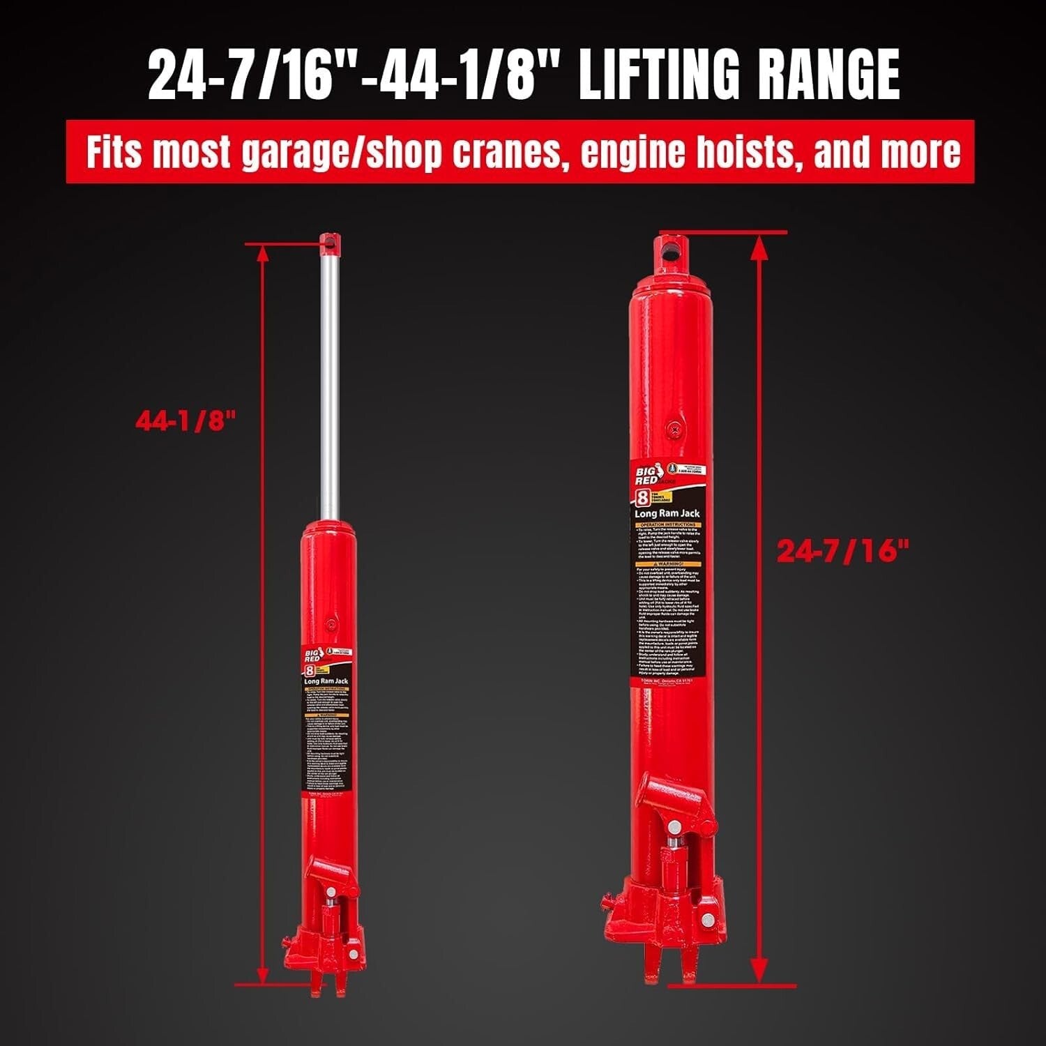 8 Ton Hydraulic Long Ram with Single Piston Pump - Versatile Clevis Base, Red