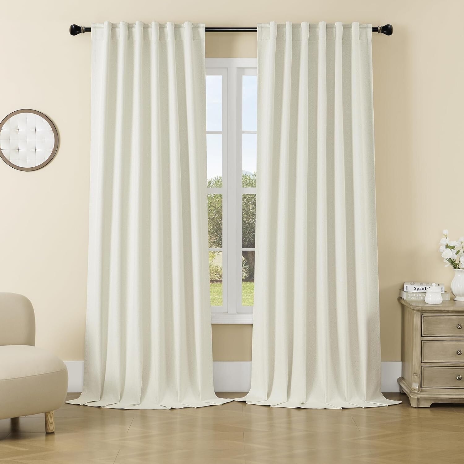 Beige Faux Linen Full Blackout Curtains 108" - Modern Insulated Drapes Set of 2