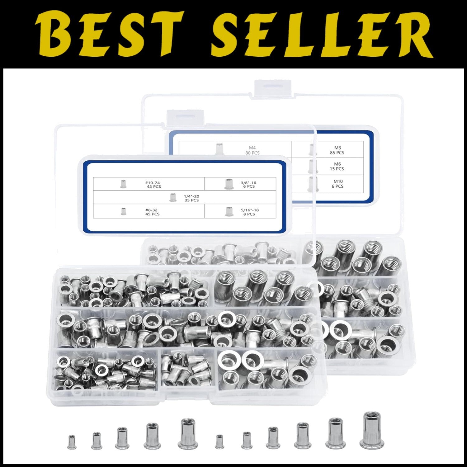 Durable Metric & SAE Rivet Nut Kit - 380pcs with Labelled Storage for Easy Use