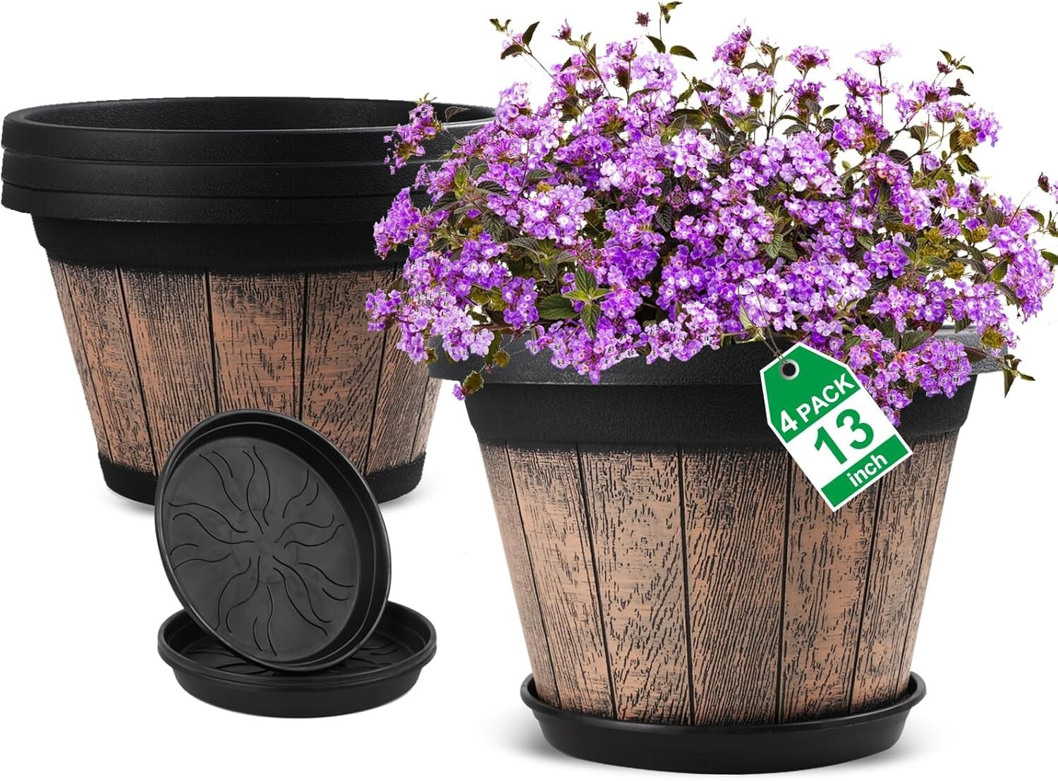 13 Inch Large Resin Plant Containers - Set of 4 with Saucers for All Plants