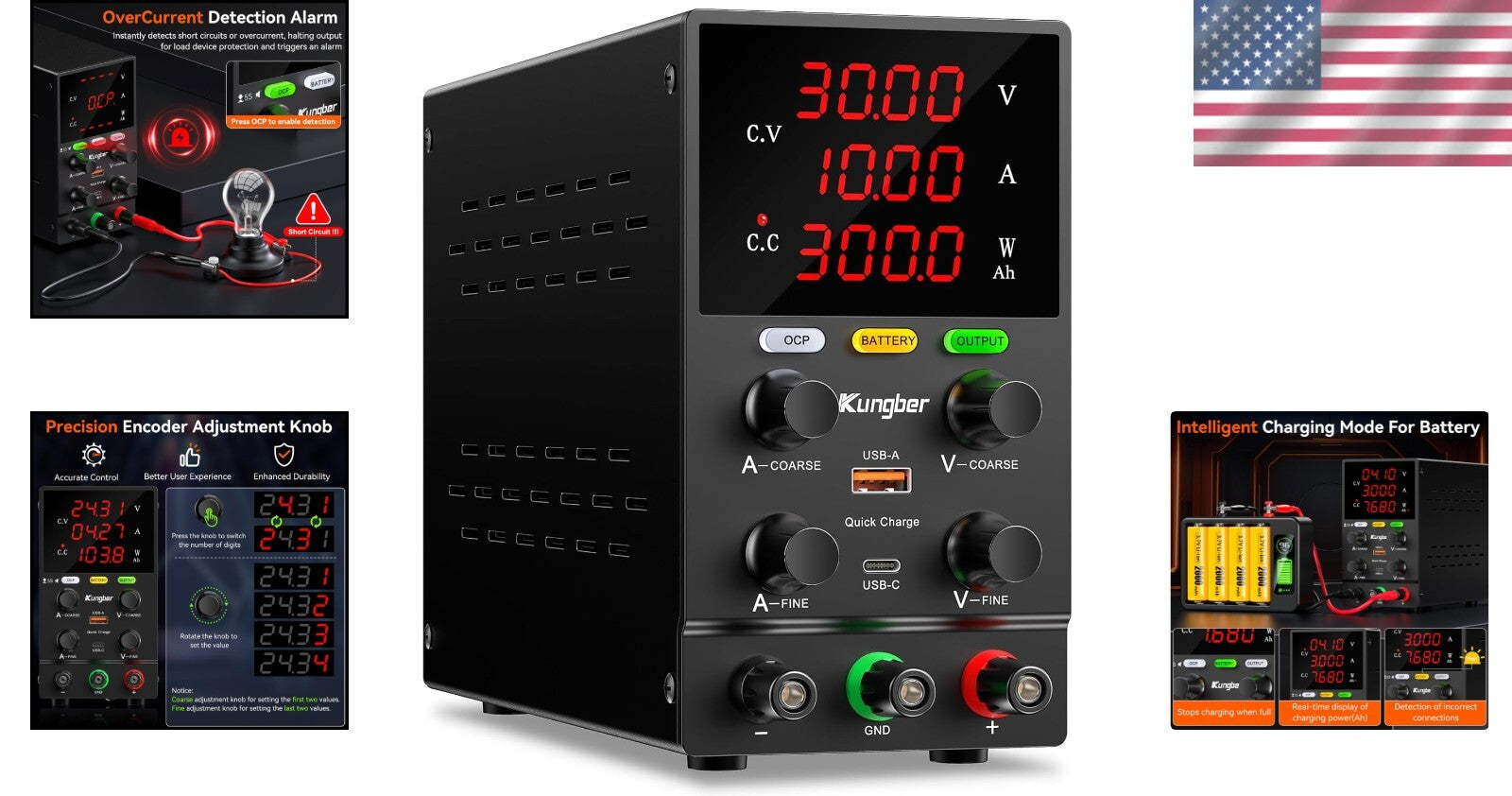 Compact 30V 10A Bench DC Power Supply: Intelligent Charging & Safety Alarms