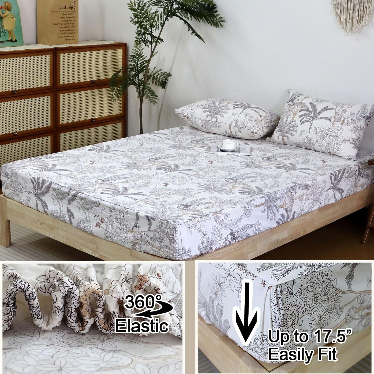 Breathable 100% Cotton Floral Sheet Set Queen – Coastal Coconut Tree Design