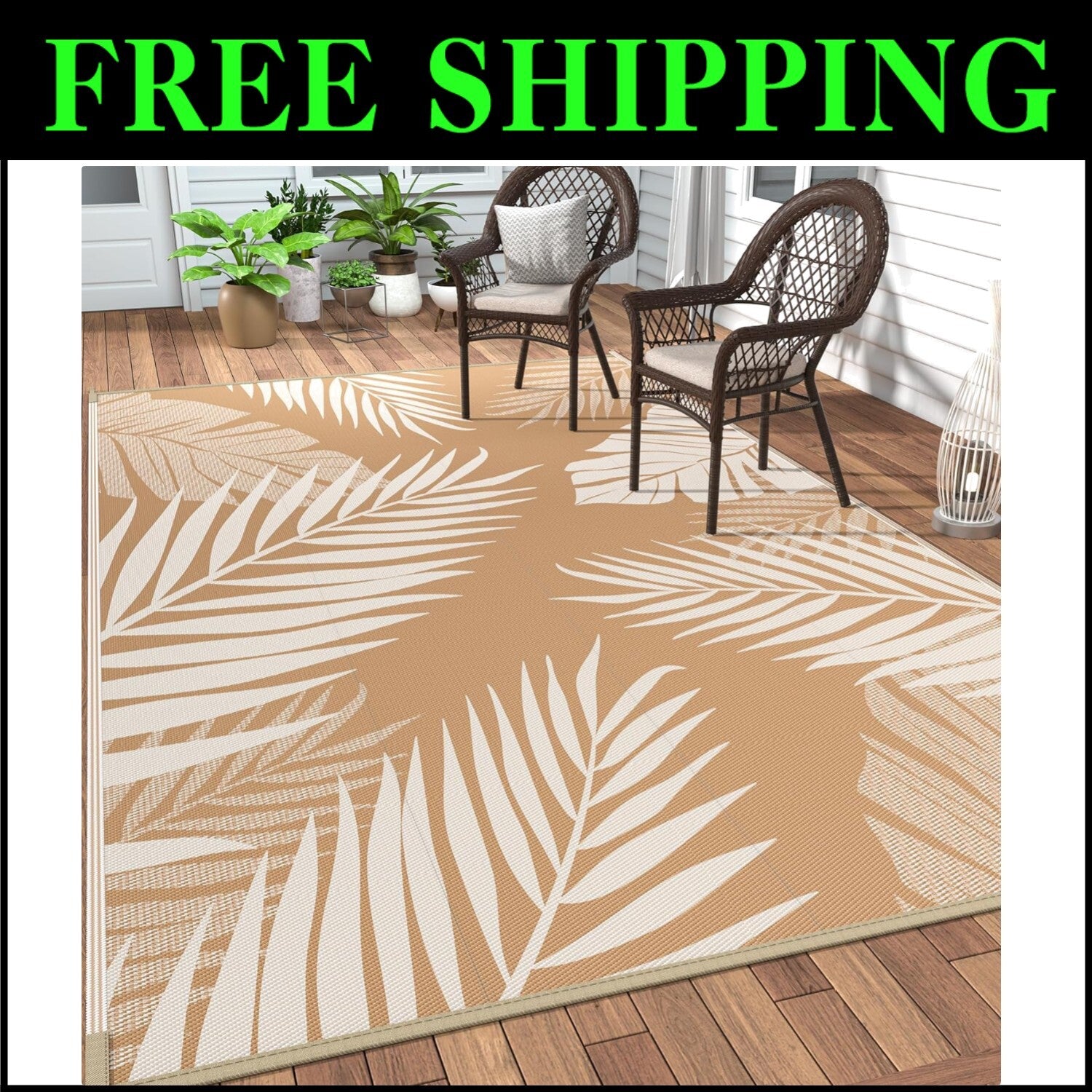 Durable Outdoor Rug with Palm Leaf Design - Ideal for Deck, Porch, and Beach