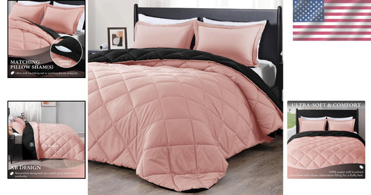 Stylish All-Season 3-Piece King Comforter Set - Pink & Black Reversible Design