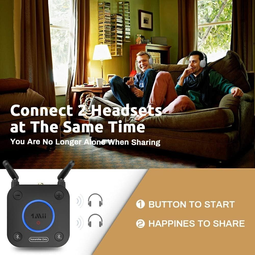 Compact Bluetooth Transmitter for TV - Supports Two Headphones Simultaneously