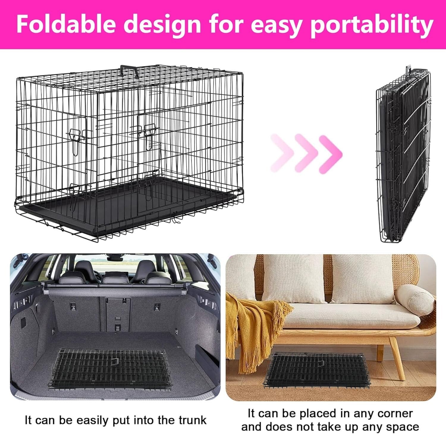 Durable 48-Inch Folding Dog Crate with Double Doors & Removable Tray for Pets