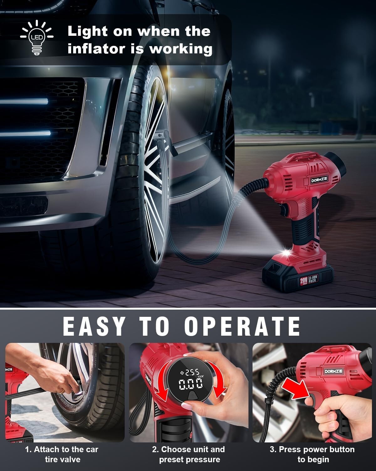 20V Cordless Air Compressor with Digital Display - Complete Tire Inflation Kit