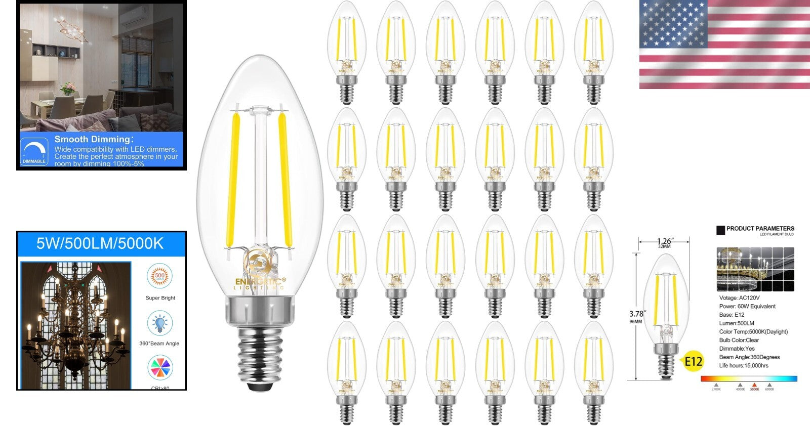 Energetic 24-Pack Dimmable LED Candelabra Bulbs B10, Daylight 5000K E12 Base