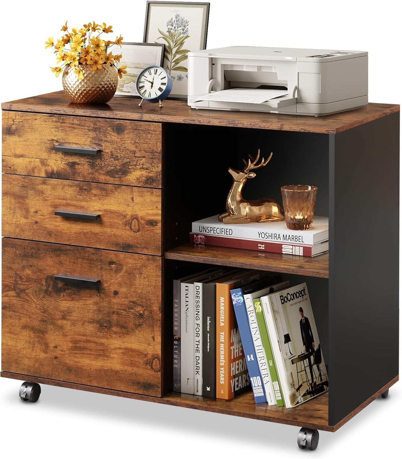 Rustic Brown 3 Drawer Mobile File Cabinet & Printer Stand with Open Shells