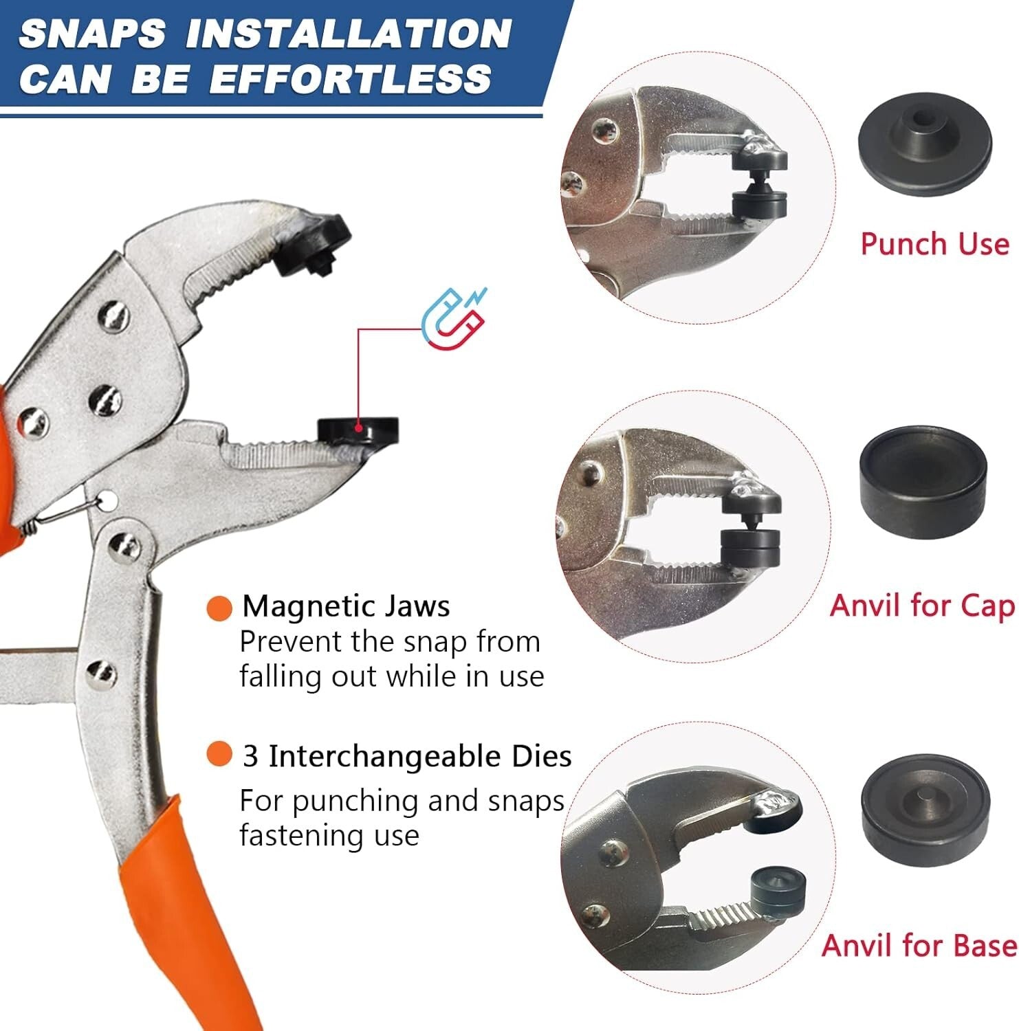 Stainless Steel Heavy Duty Snap Pliers with 60 Snaps for Marine & Leather Use