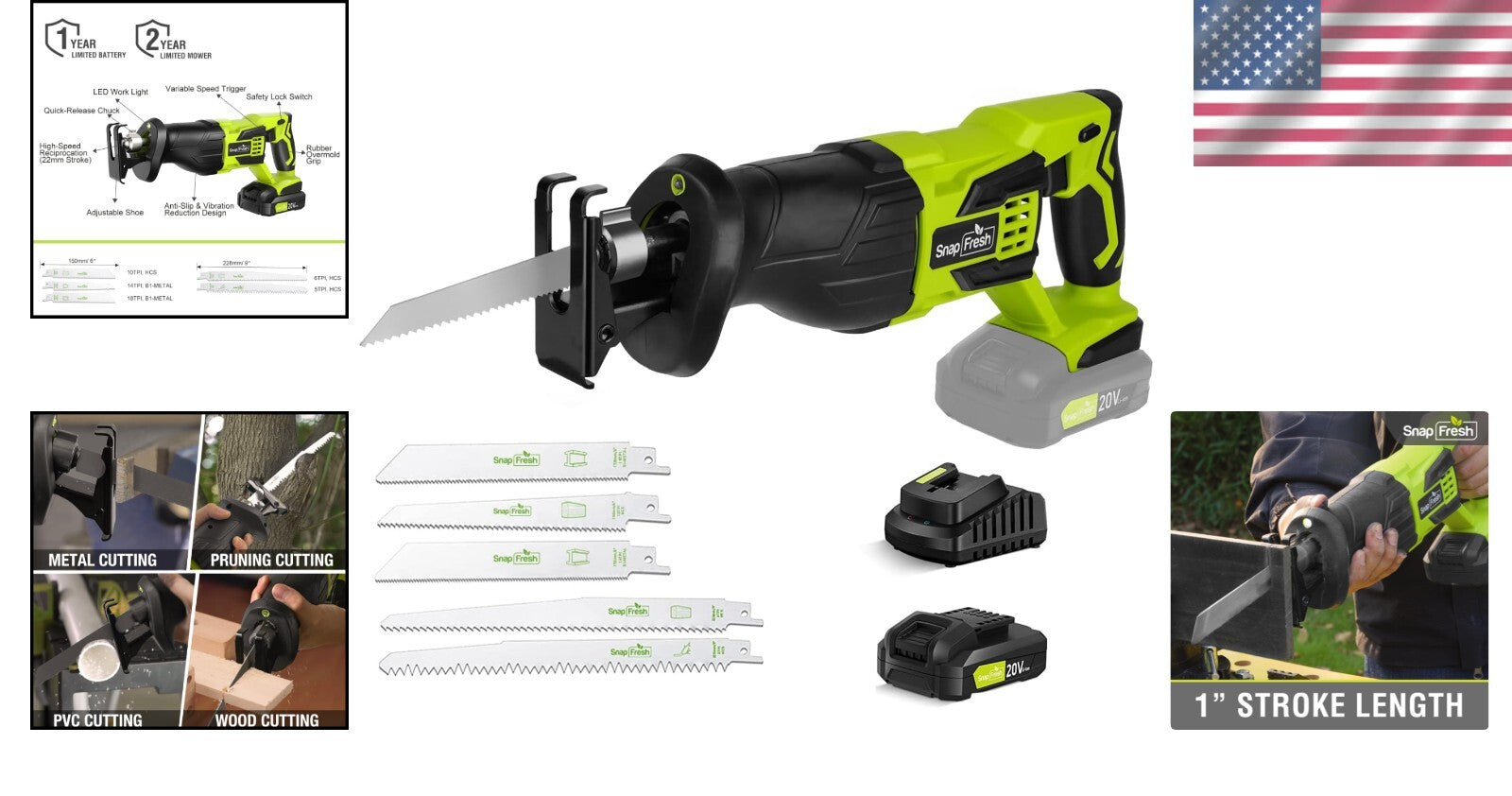 20V Cordless Reciprocating Saw - 3000 SPM, Tool-Free & LED Light for Precision