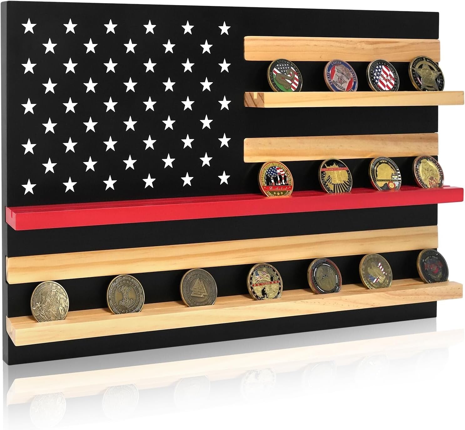 Elegant Thin Red Line Coin Holder - Solid Wood Display for 30 Challenge Coins