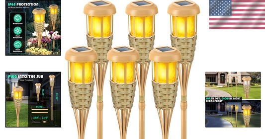 6 Pack Solar Outdoor Torch Lights with Flickering Flame - Adjustable Height