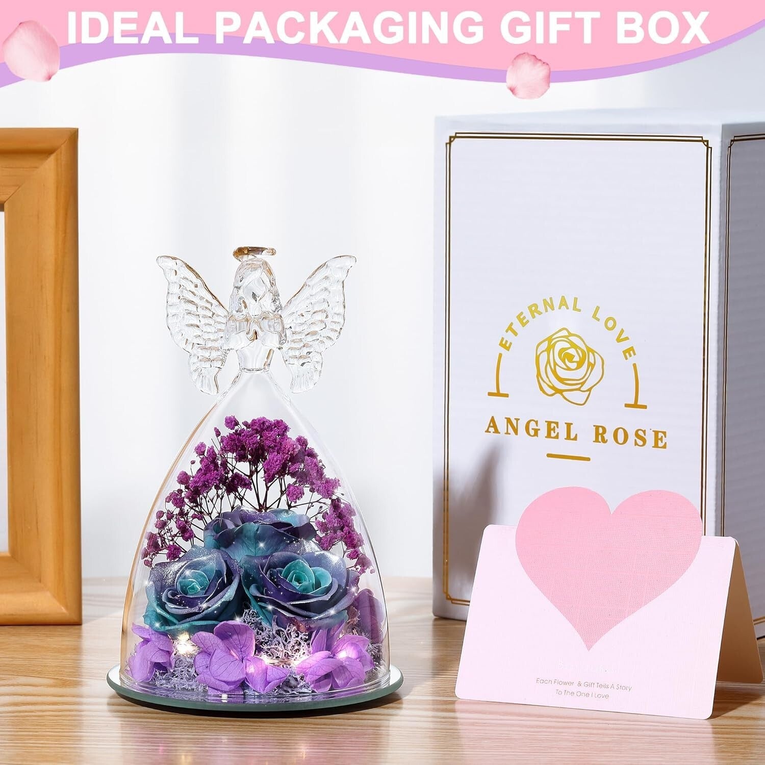 Eternal Roses in Glitter Blue-Purple Glass Angel Gift - Perfect for Mother's Day