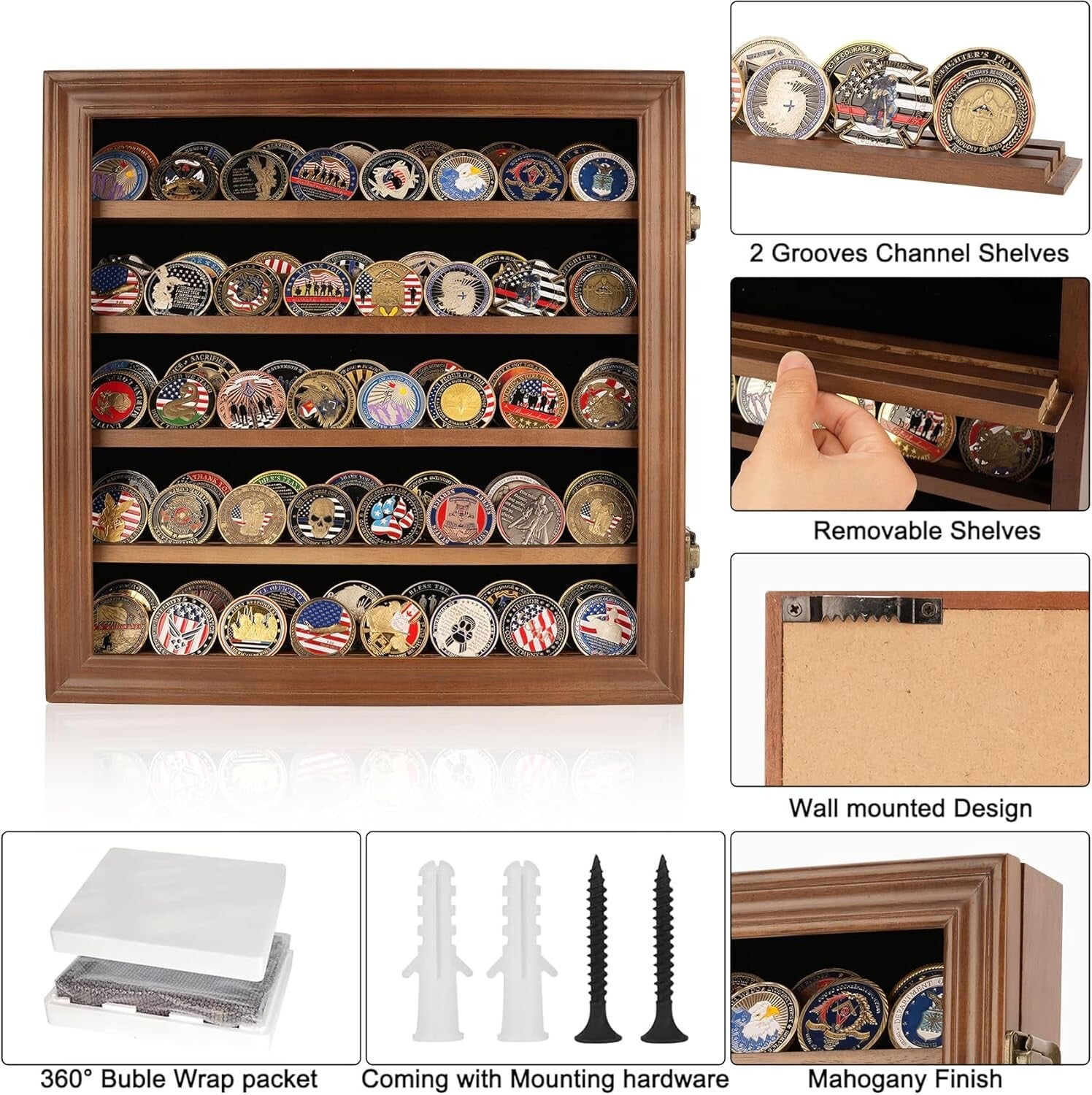 Elegant Military Challenge Coin Display Case with Toughened Glass & Shelves