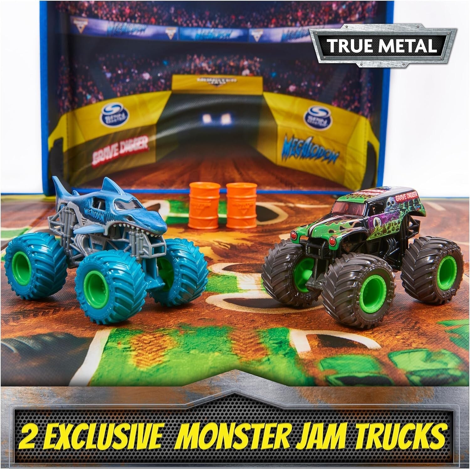 Deluxe Monster Truck Arena Playmat with 2 Exclusive Trucks & 20 Fun Pieces
