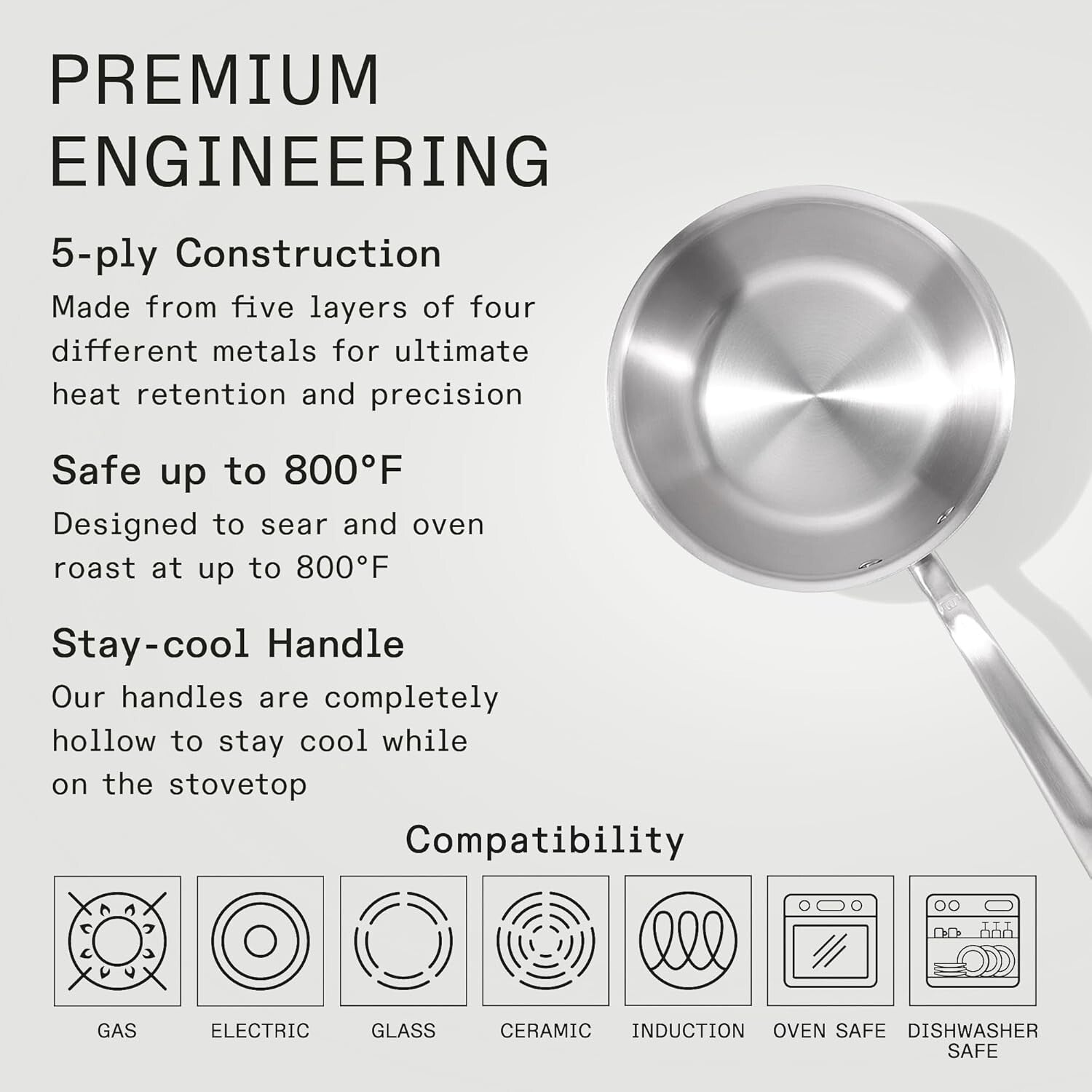 2 Quart Stainless Steel Saucier Pan - 5-Ply Professional Cookware, Made in Italy