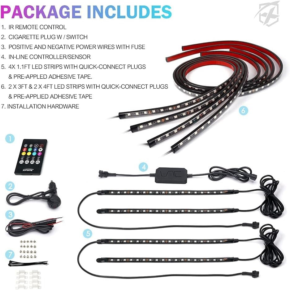 Dynamic 8Pcs RGB LED Strip Kit for Vehicles - Bluetooth & Remote with Music Sync