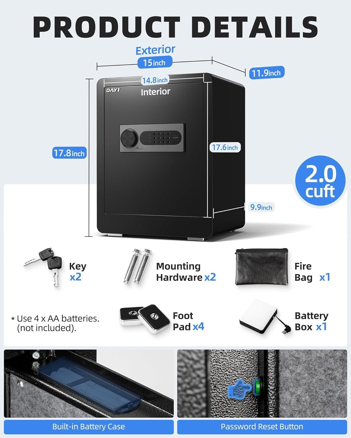Alloy Steel Safe Box - 2.0 Cu Ft with Fireproof Bag & Dual Alarm Security